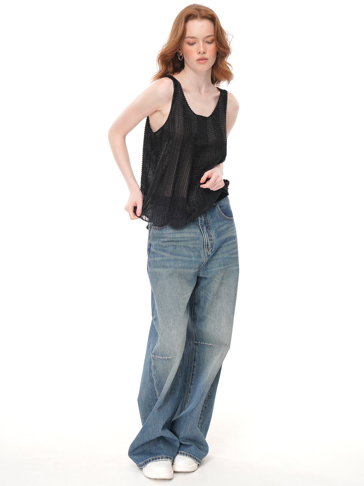 Black All Over Beaded Mesh Tank Top, U Neck Loose Fit Sheer Sleeveless Vest