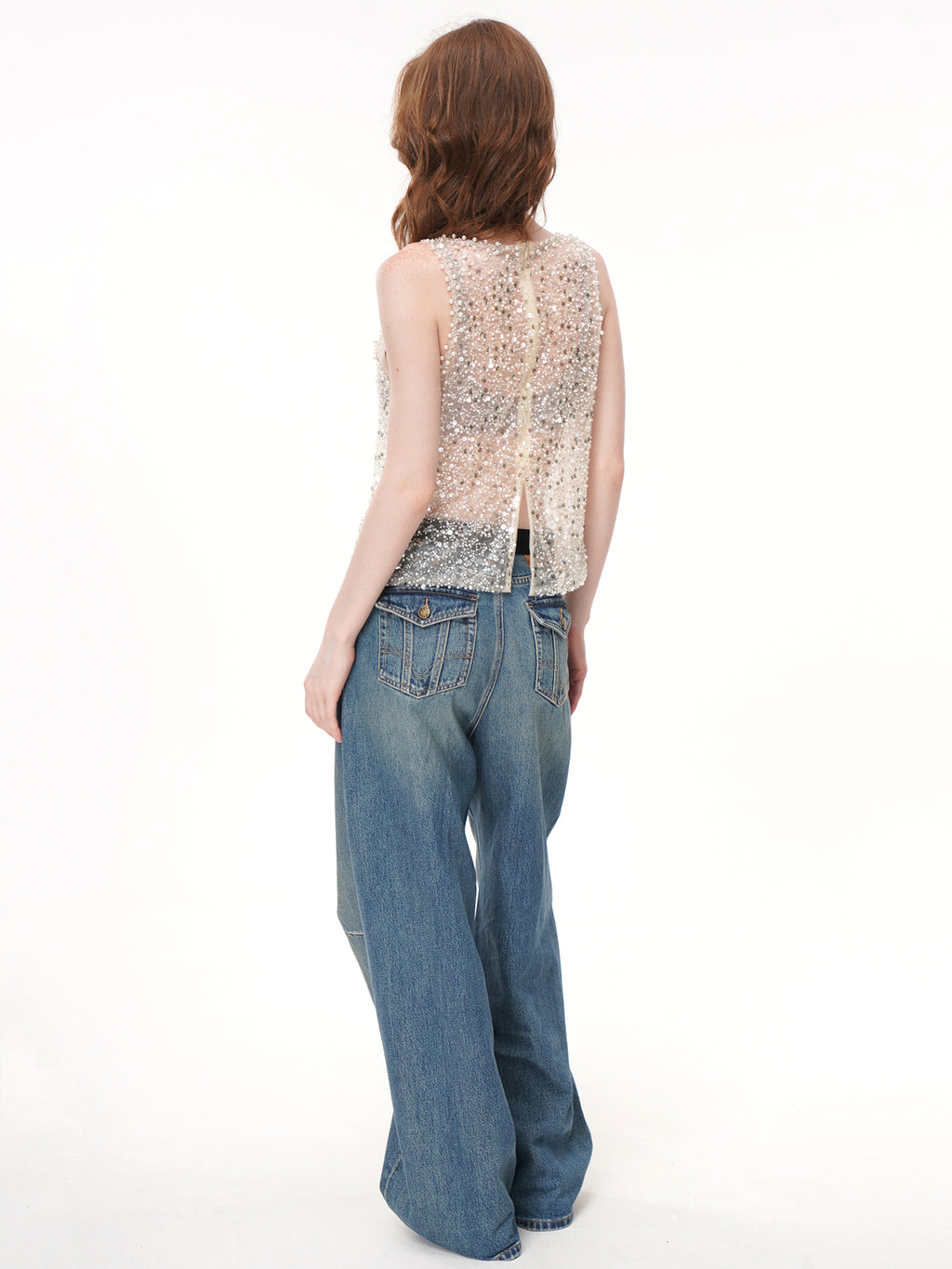 2 Colors All Over Sequin Rhinestone Mesh Sleeveless Top, Crew Neck Sheer Loose Fit Beaded Vest