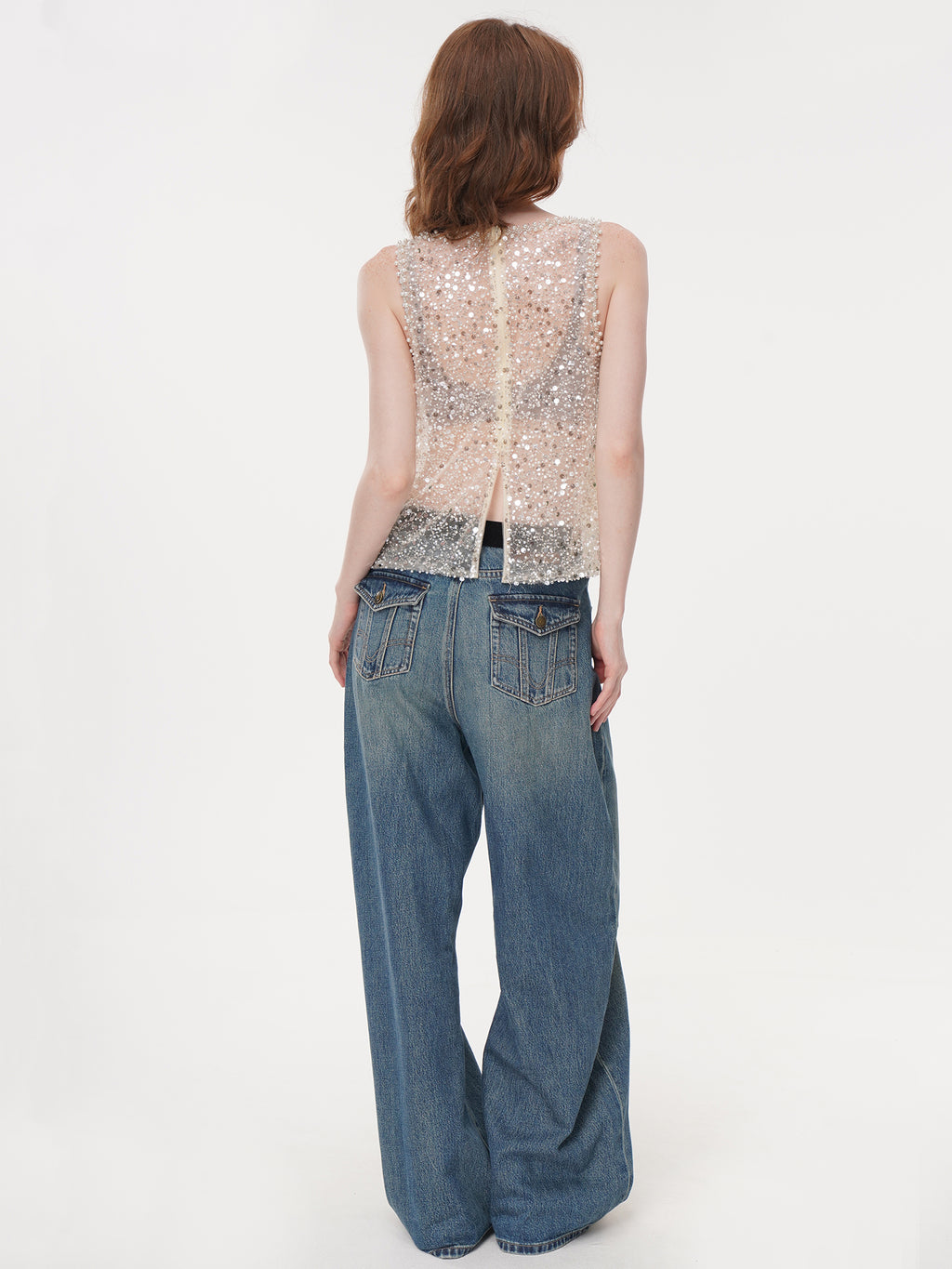 2 Colors All Over Sequin Rhinestone Mesh Sleeveless Top, Crew Neck Sheer Loose Fit Beaded Vest