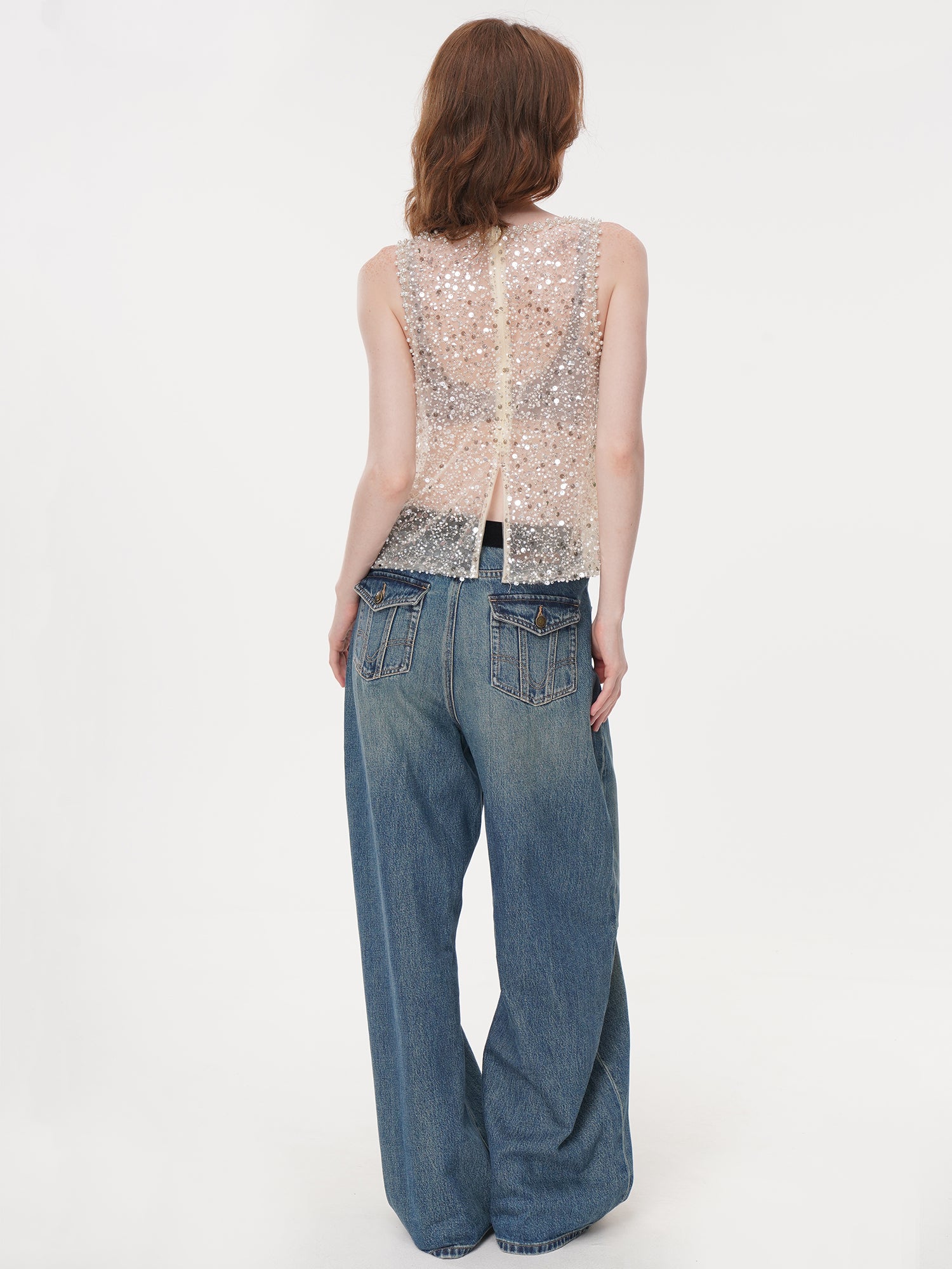 2 Colors All Over Sequin Rhinestone Mesh Sleeveless Top, Crew Neck Sheer Loose Fit Beaded Vest