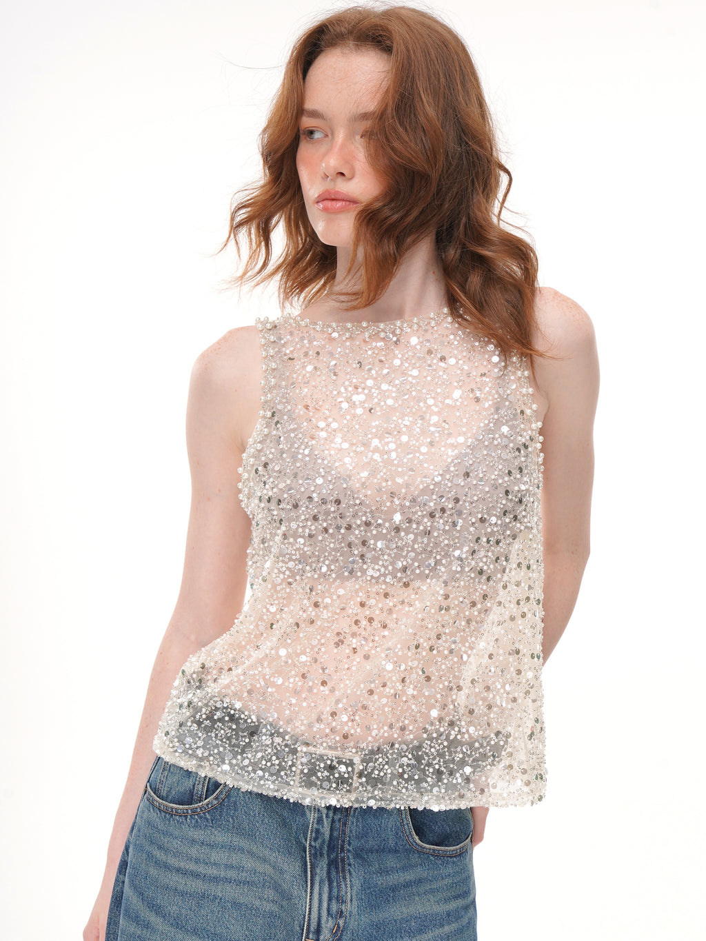 2 Colors All Over Sequin Rhinestone Mesh Sleeveless Top, Crew Neck Sheer Loose Fit Beaded Vest