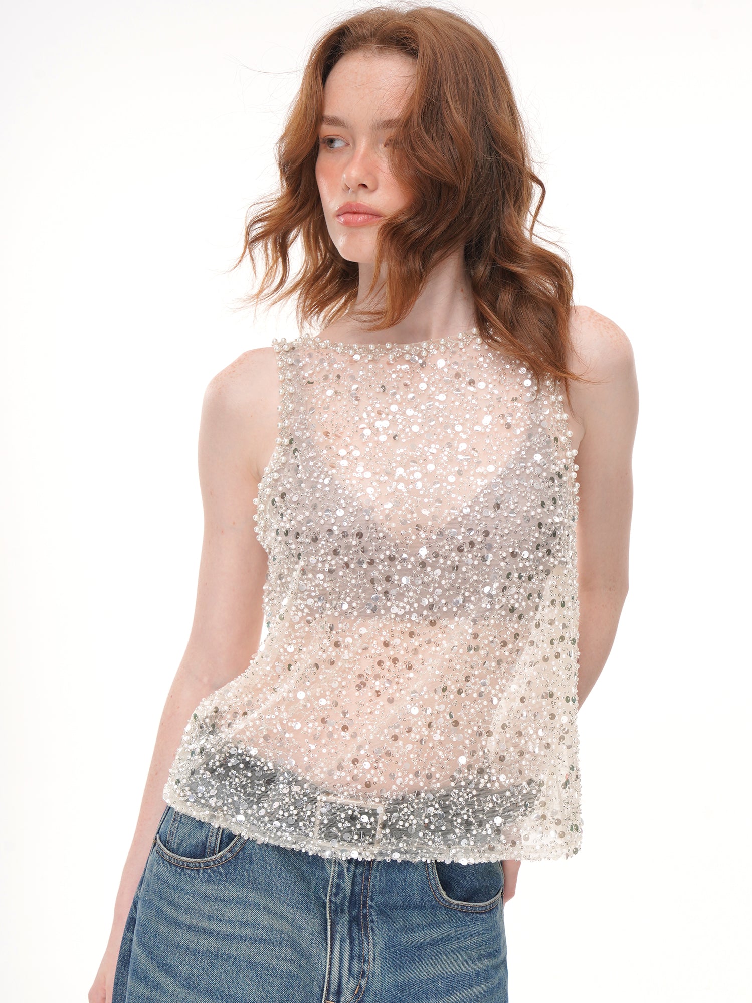 2 Colors All Over Sequin Rhinestone Mesh Sleeveless Top, Crew Neck Sheer Loose Fit Beaded Vest