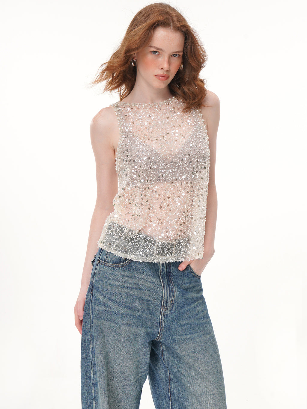 2 Colors All Over Sequin Rhinestone Mesh Sleeveless Top, Crew Neck Sheer Loose Fit Beaded Vest