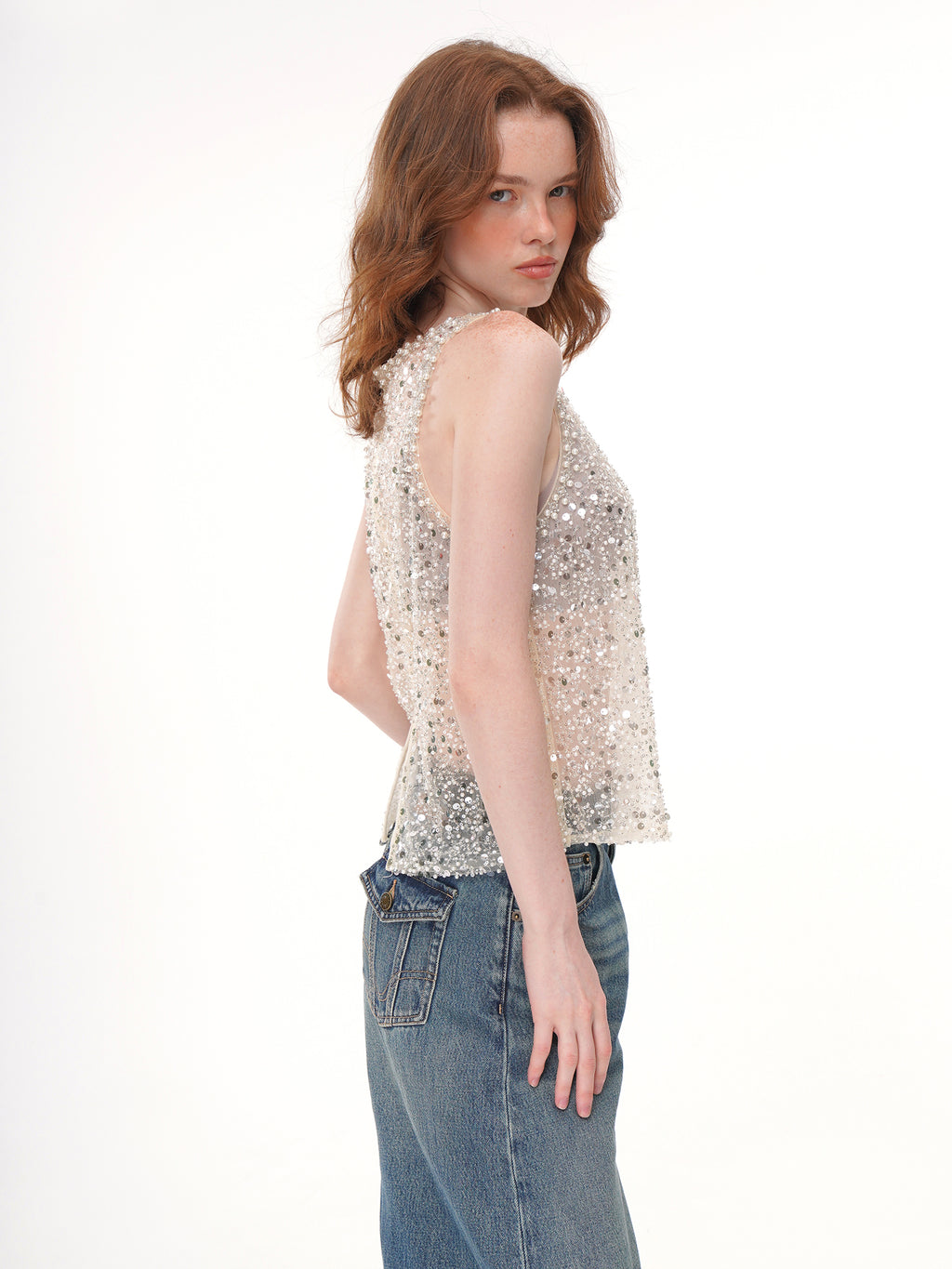 2 Colors All Over Sequin Rhinestone Mesh Sleeveless Top, Crew Neck Sheer Loose Fit Beaded Vest