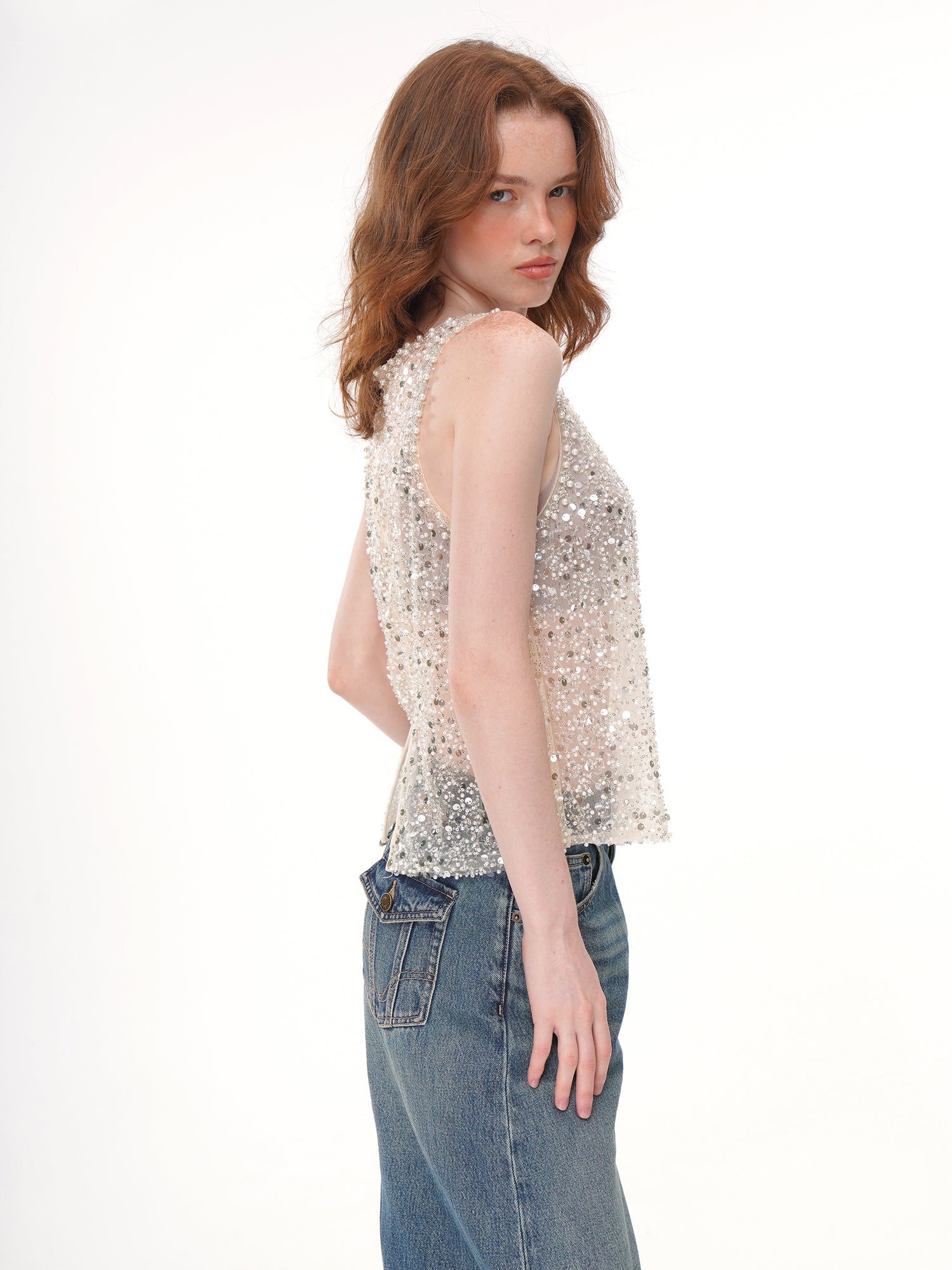 2 Colors All Over Sequin Rhinestone Mesh Sleeveless Top, Crew Neck Sheer Loose Fit Beaded Vest