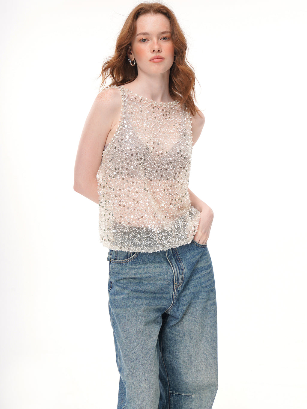 2 Colors All Over Sequin Rhinestone Mesh Sleeveless Top, Crew Neck Sheer Loose Fit Beaded Vest