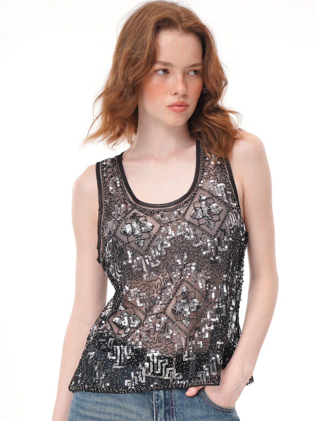 Black Geometric Floral Sequin Beaded Mesh Tank Top, U Neck Sheer Sleeveless Vest