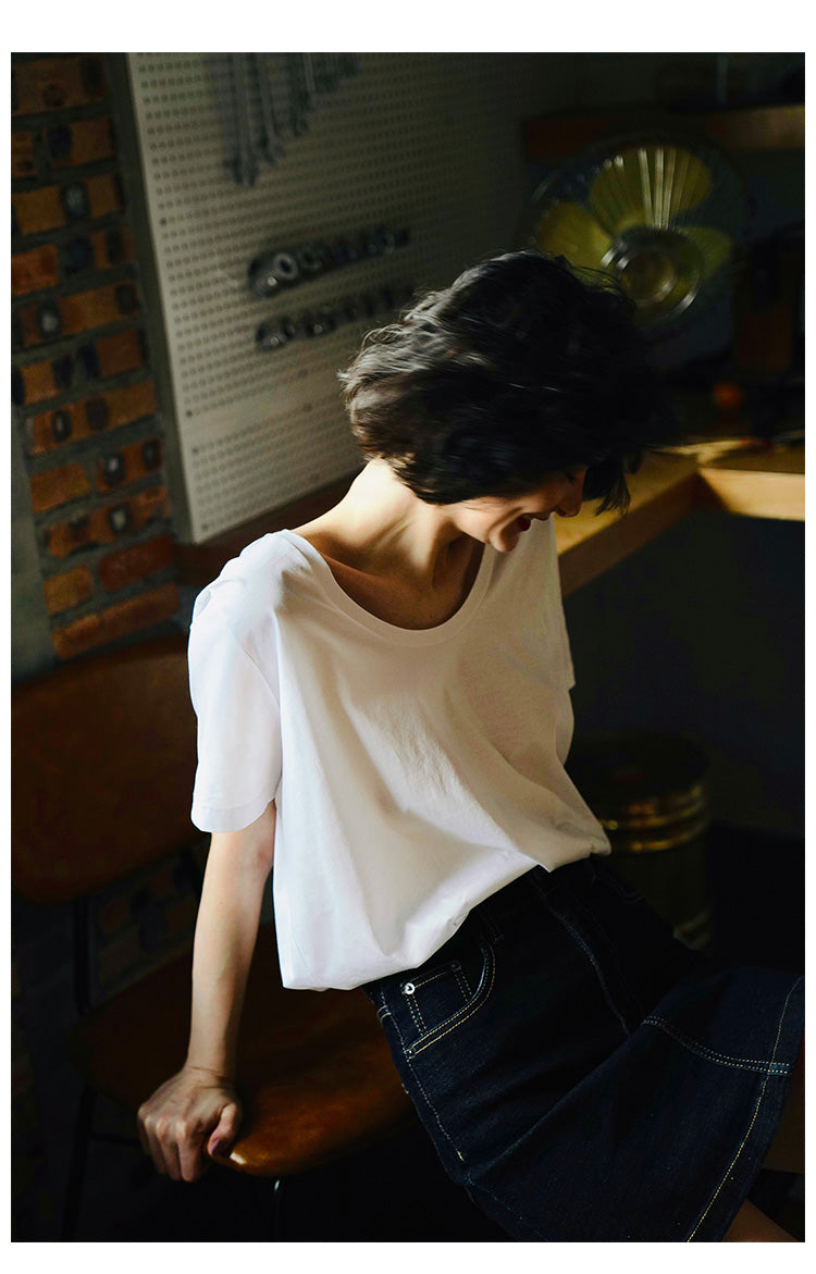 Silk cotton short sleeved women's summer loose and fashionable collarbone top T-shirt