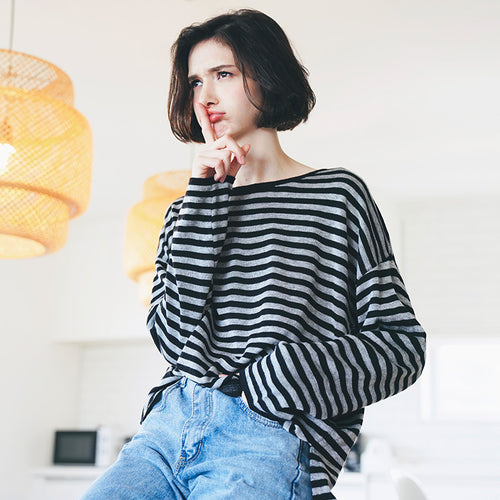 Casual Classic Striped Loose Knitted Top Women's Long Sleeve Knitted Shirt