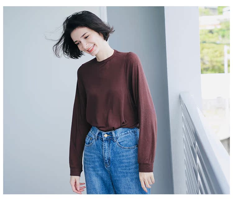 Comfortable Tencel Long Sleeve  Base Layer Trendy Slimming Loose   T-Shirt