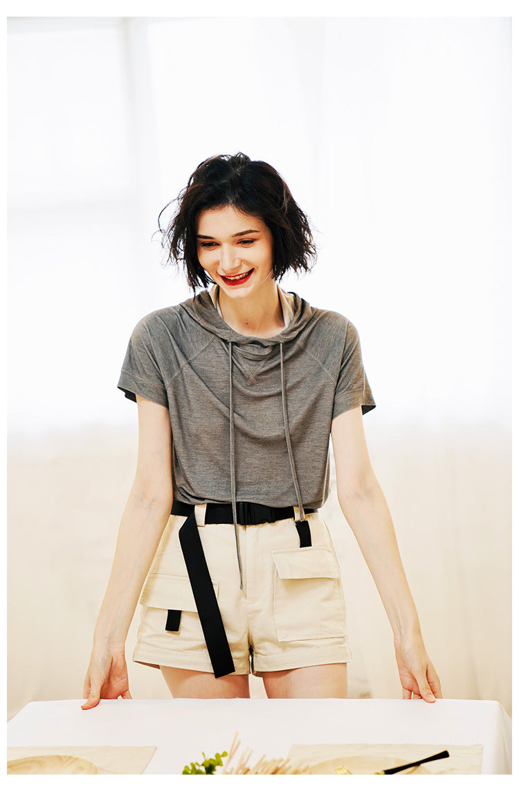 Vintage Style Short-sleeve for Women Skin-friendly trendy short-sleeve hooded shirt  Short Sleeve Women Style Trend  T-shirt