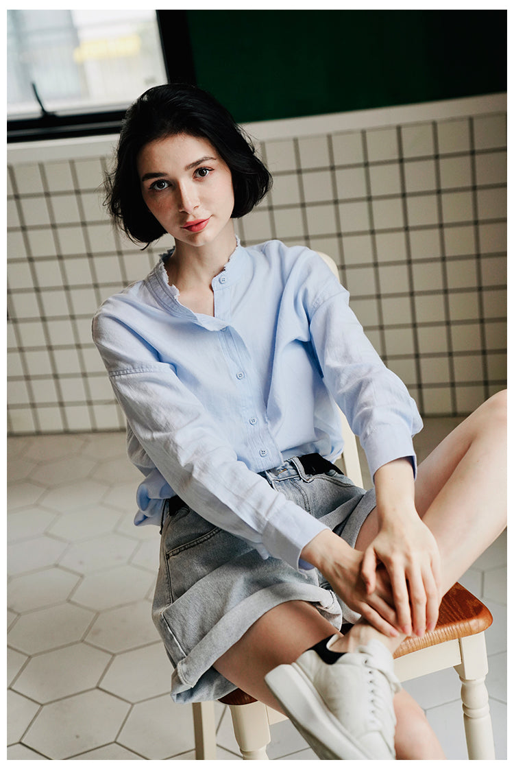 Women's Stand Collar Shirt, Pure Cotton Shirt, Unique Design, Stylish Top