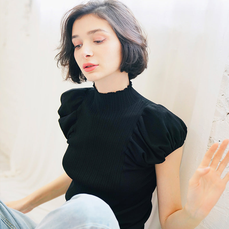 Half Turtleneck Knitted Autumn Top for Women Versatile Stylish Puff Sleeve Early Autumn Knitwear Short Sleeve Pullover Blouse