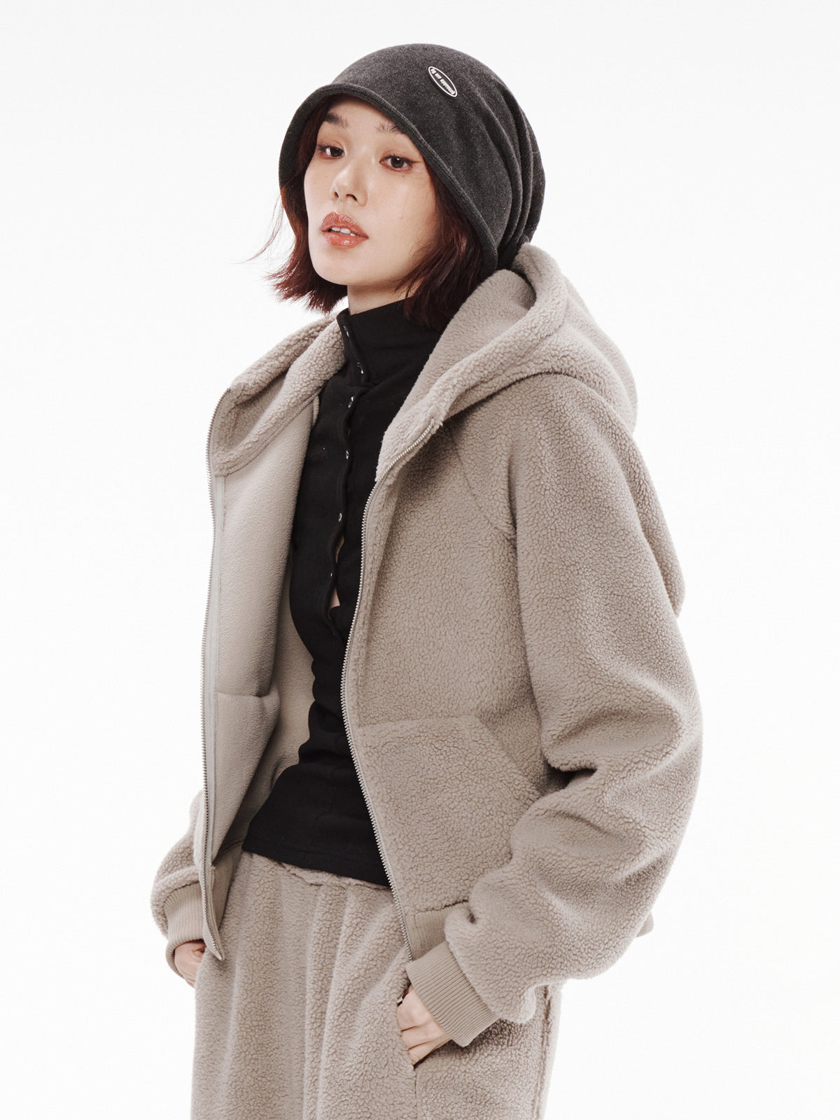 Teddy-Fleece Jacke mit Kapuze für Damen, Reißverschluss, lockerer Schnitt, warmer Herbst-Winter Pulloverjacke
