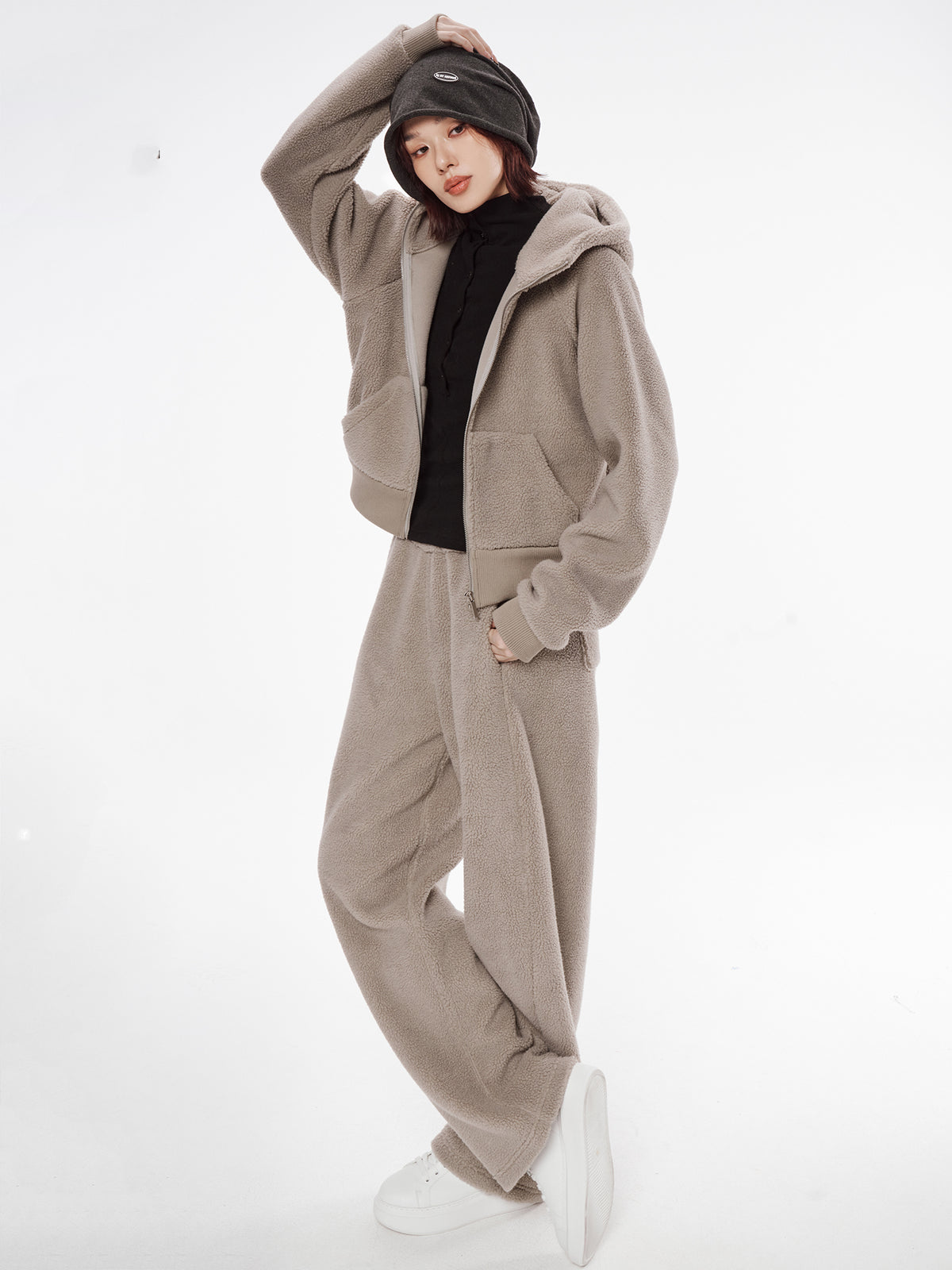 Teddy-Fleece Jacke mit Kapuze für Damen, Reißverschluss, lockerer Schnitt, warmer Herbst-Winter Pulloverjacke