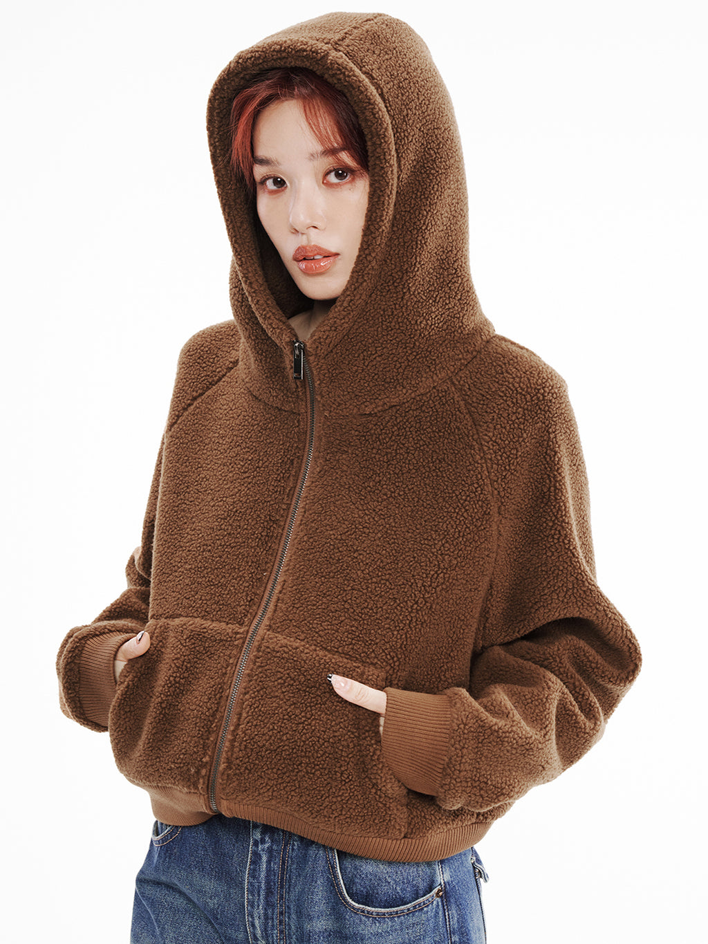 Teddy-Fleece Jacke mit Kapuze für Damen, Reißverschluss, lockerer Schnitt, warmer Herbst-Winter Pulloverjacke