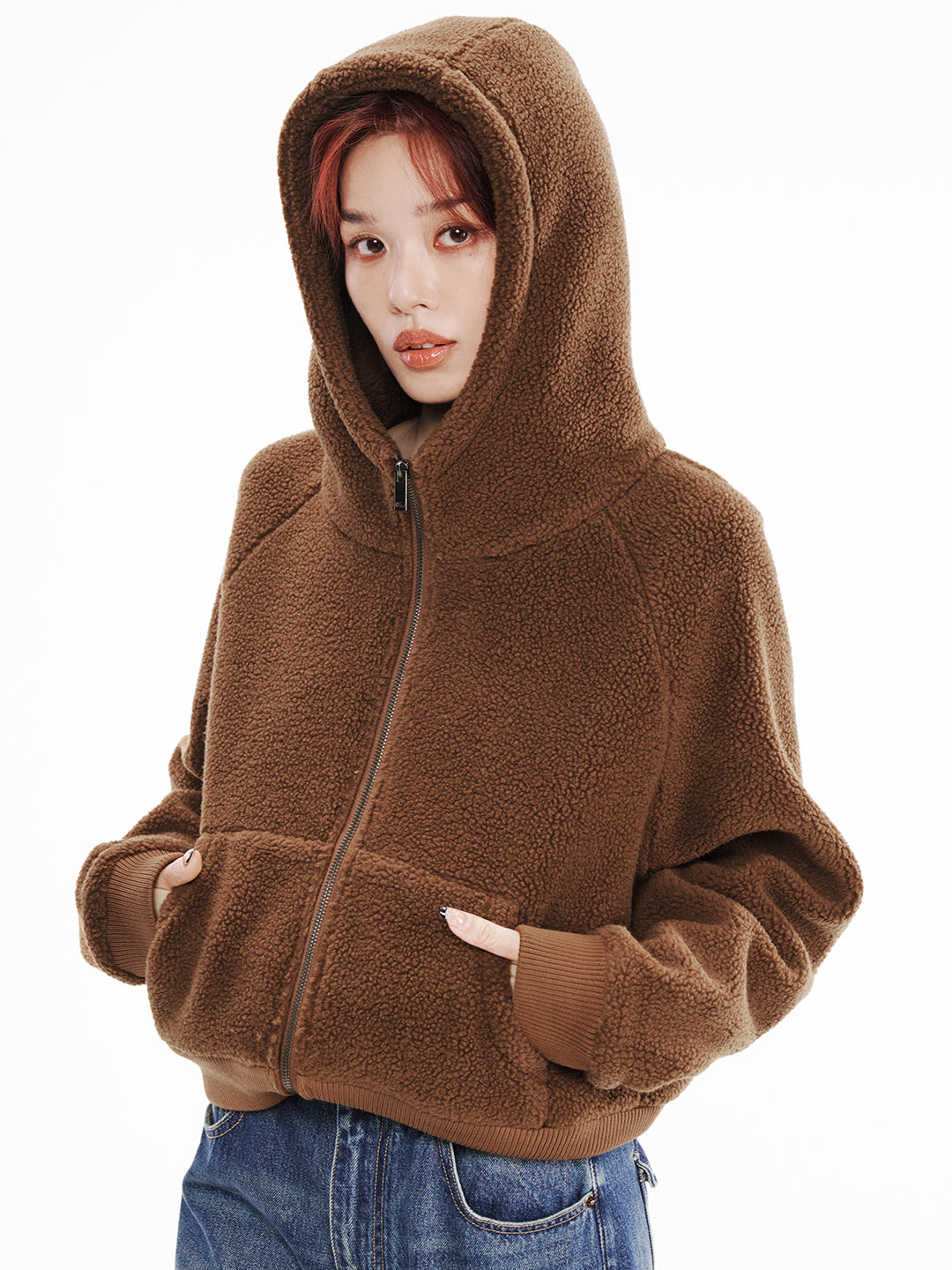 Teddy-Fleece Jacke mit Kapuze für Damen, Reißverschluss, lockerer Schnitt, warmer Herbst-Winter Pulloverjacke