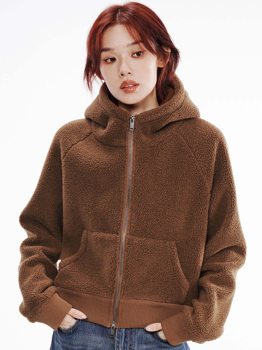 Teddy-Fleece Jacke mit Kapuze für Damen, Reißverschluss, lockerer Schnitt, warmer Herbst-Winter Pulloverjacke