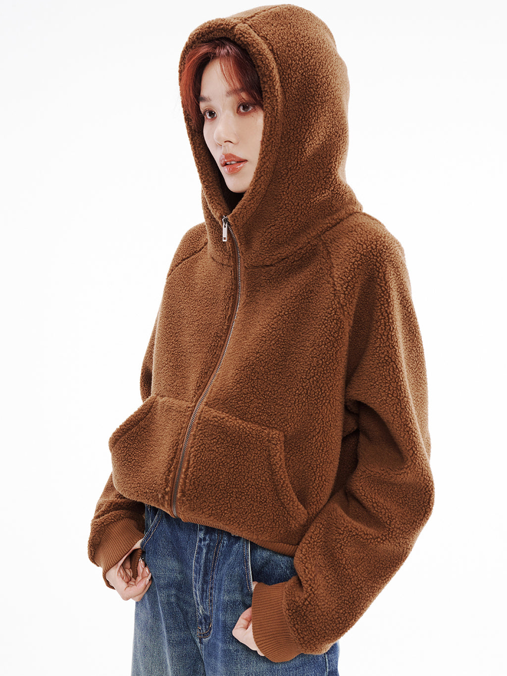 Teddy-Fleece Jacke mit Kapuze für Damen, Reißverschluss, lockerer Schnitt, warmer Herbst-Winter Pulloverjacke
