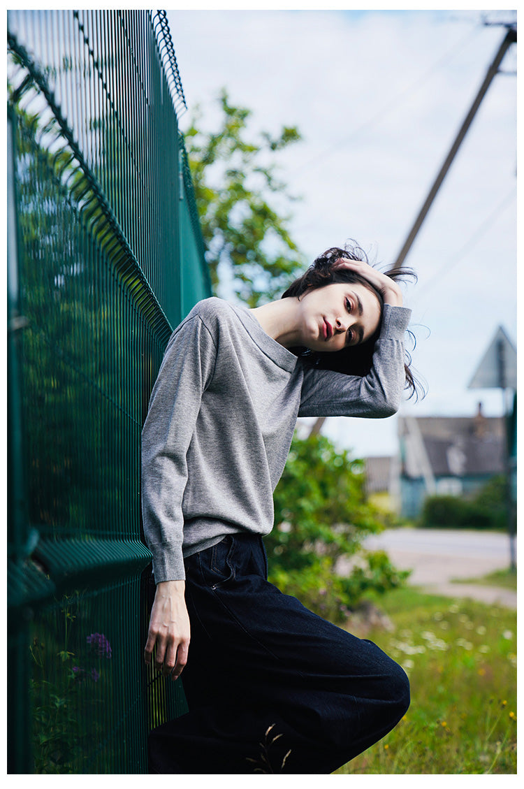 Fake Two-Piece Loose Pullover Knit Sweater Autumn New Women's Round Neck Off-Shoulder Top Early Autumn Knit Pullover Thin