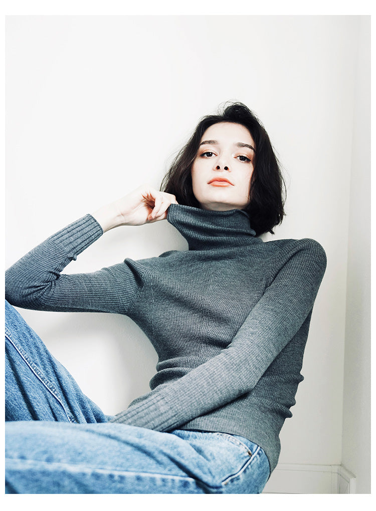 Wool Long Sleeve Thin Knitted Pullover Women's High Neck Slim Fit Base Shirt Inner Wear
