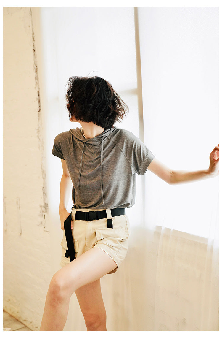 Vintage Style Short-sleeve for Women Skin-friendly trendy short-sleeve hooded shirt  Short Sleeve Women Style Trend  T-shirt