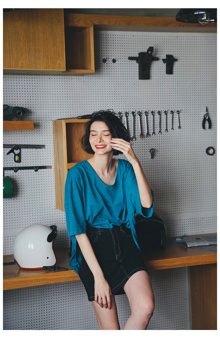 Women's Short SleeveNew style women's summer cotton Women's shirt with large slit t Loose Fit Mid-Sleeve  T-shirt