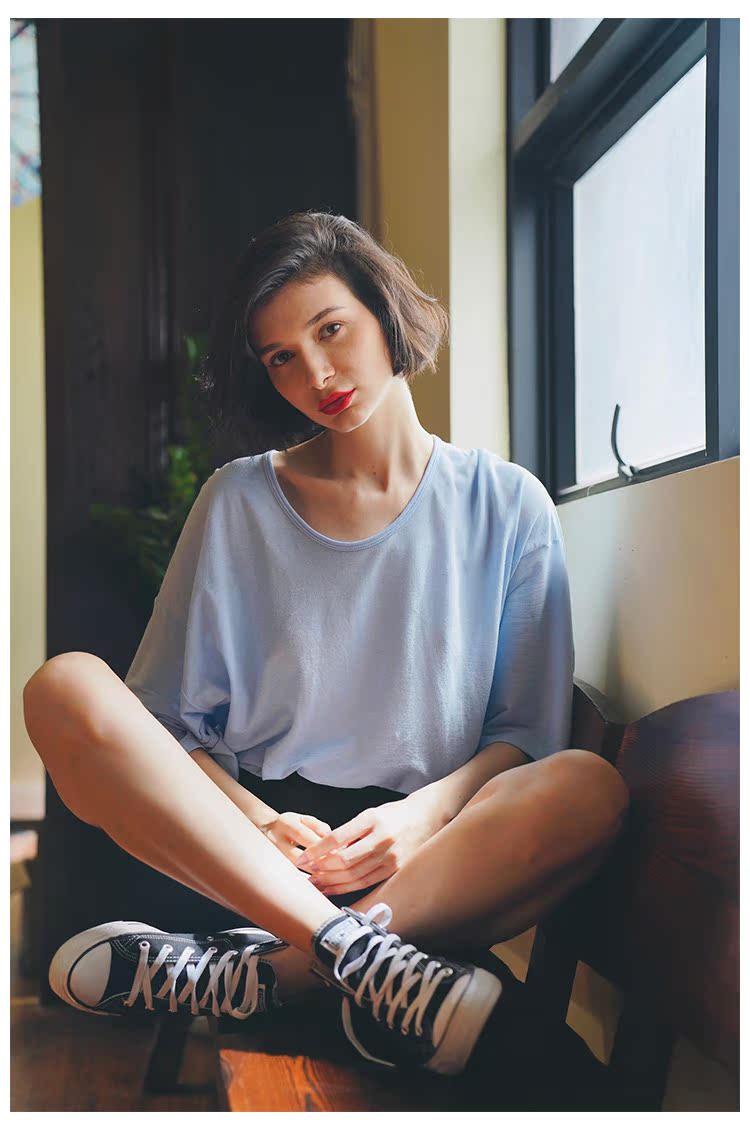 Women's Summer Loose Blue Mid-Length Top  Women's Short Sleeve T-Shirt