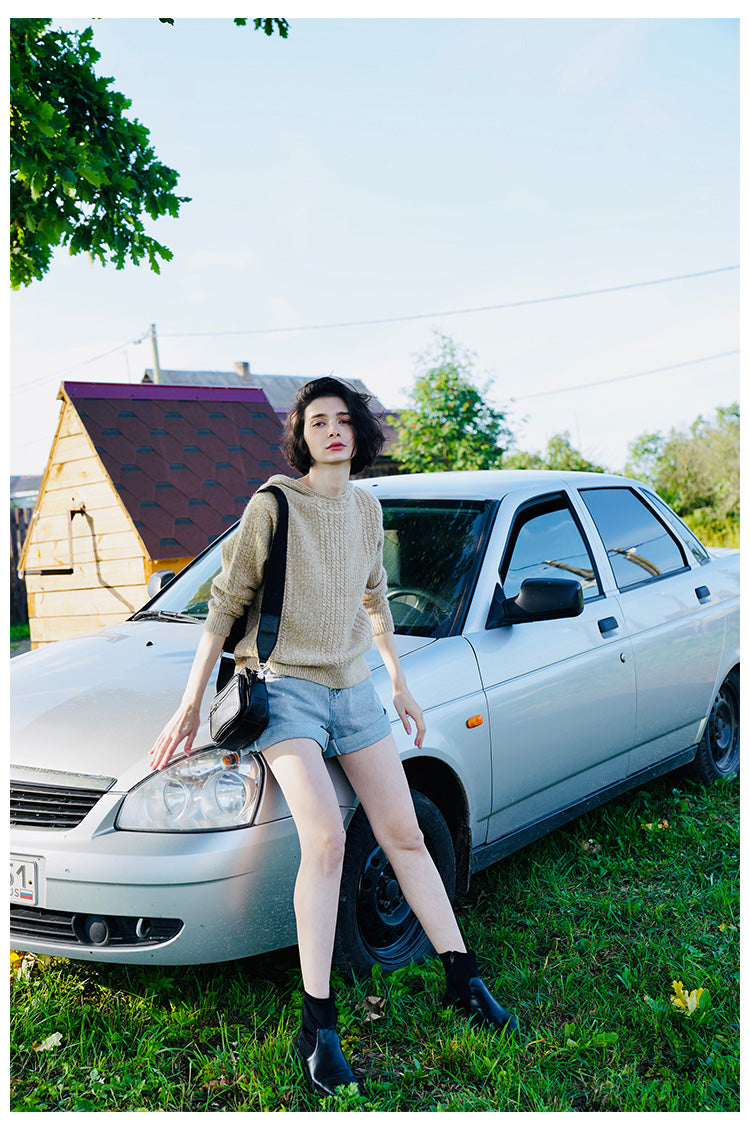 Women's Hooded Pullover Loose Fit  Knitted Top Long Sleeve Sweater