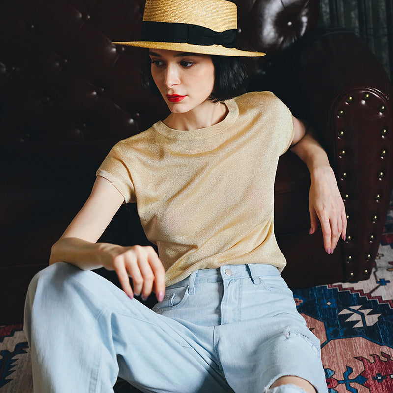 Gold Thread Blend Draped Knit Short Sleeve Women's Elastic Waist Top Summer New Solid Color t Women's Thin T-Shirt