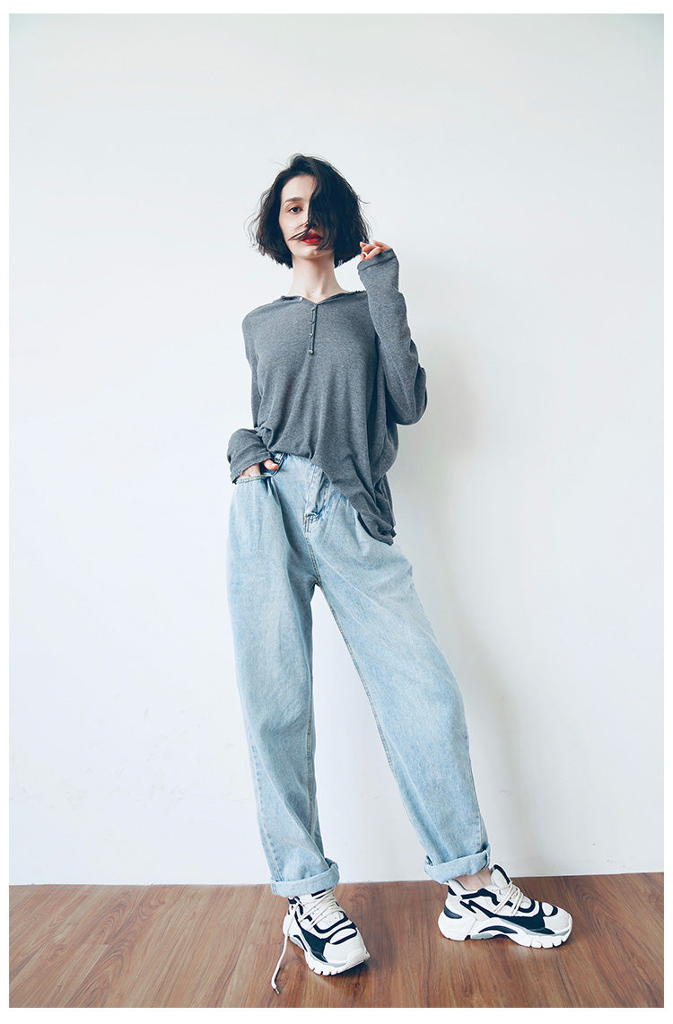 Temperament Knitted Women's Long Sleeve Summer Top Thin Black Grey Women's Loose Casual Sunscreen T-shirt