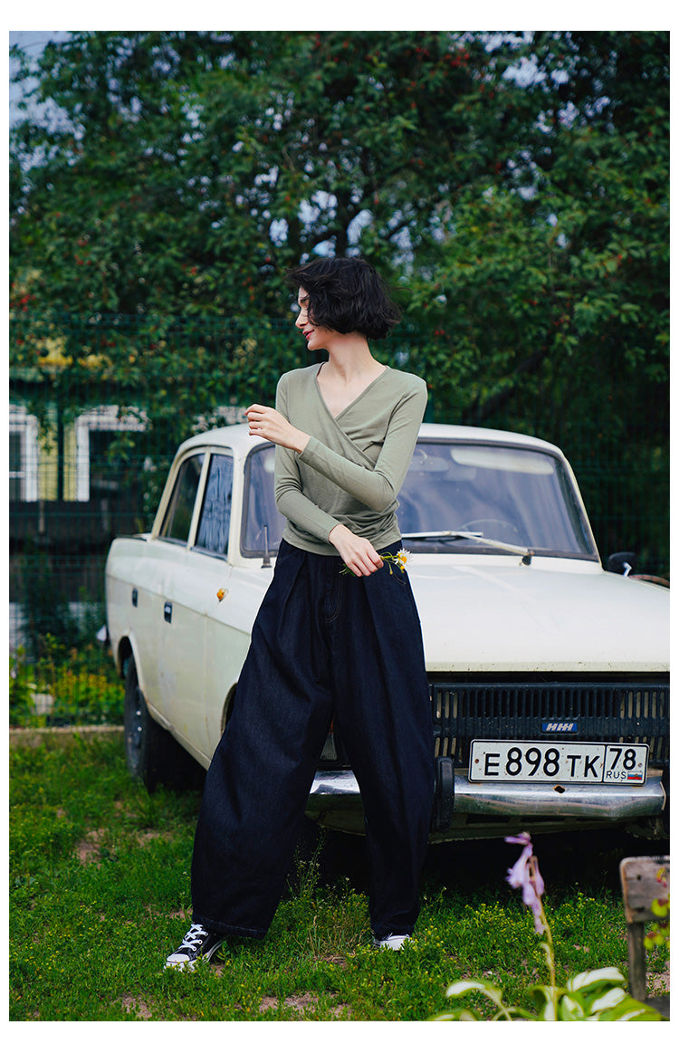 Design Sense and Elegance V Cross Collar Top Solid Color Ruched Slim Waist Women's Long Sleeve T-Shirt