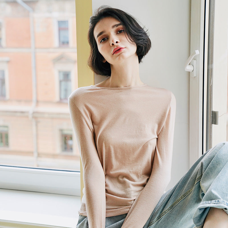 Woolen slim fit t-shirt for women in early, long sleeved knitted base sweater for women, thin cut