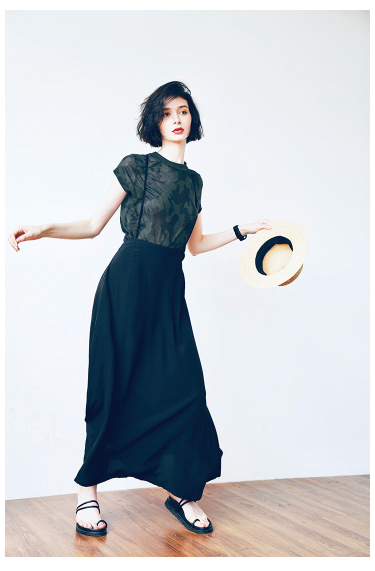Strap half skirt for women,  half body A-line skirt, high waist black half skirt, women's long style