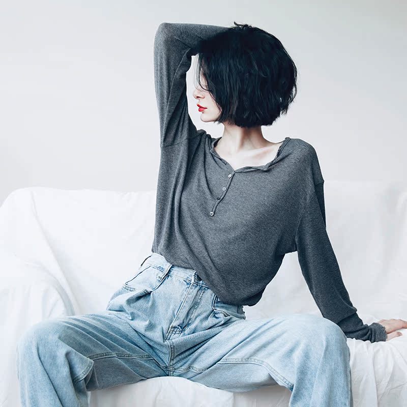 Temperament Knitted Women's Long Sleeve Summer Top Thin Black Grey Women's Loose Casual Sunscreen T-shirt