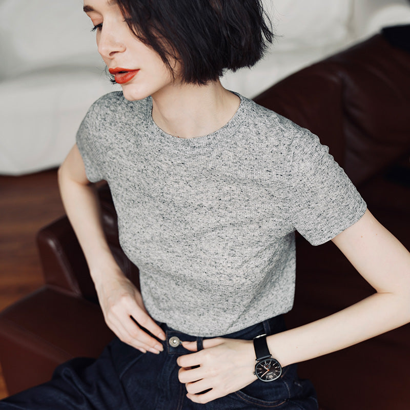 Women's round neck top short sleeved summer women's gray short sleeved women's T-shirt