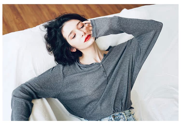 Temperament Knitted Women's Long Sleeve Summer Top Thin Black Grey Women's Loose Casual Sunscreen T-shirt