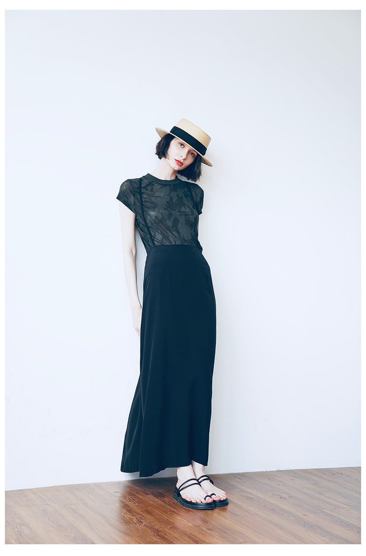 Strap half skirt for women,  half body A-line skirt, high waist black half skirt, women's long style