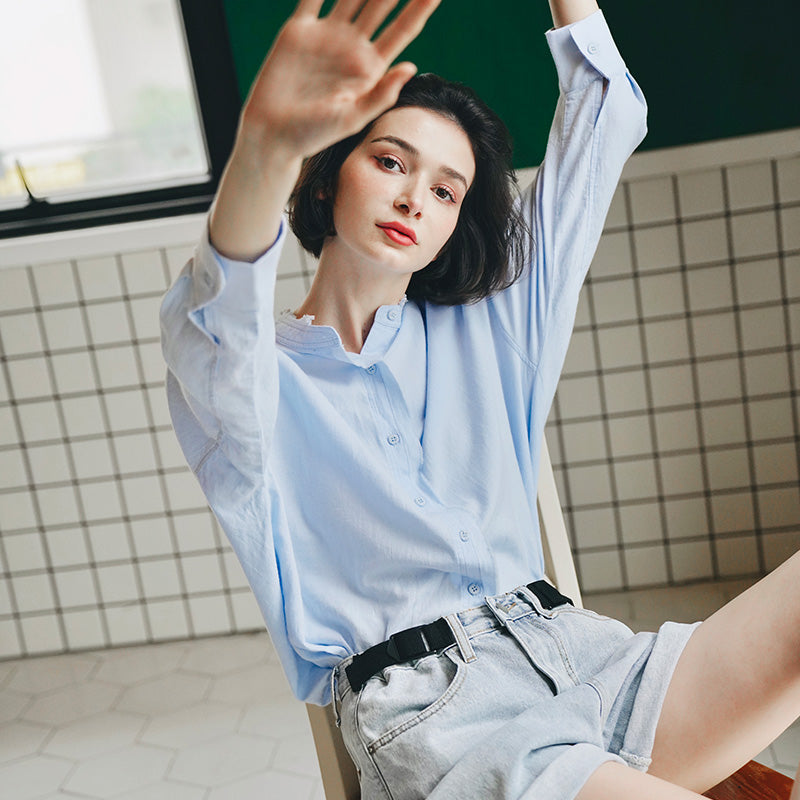 Women's Stand Collar Shirt, Pure Cotton Shirt, Unique Design, Stylish Top