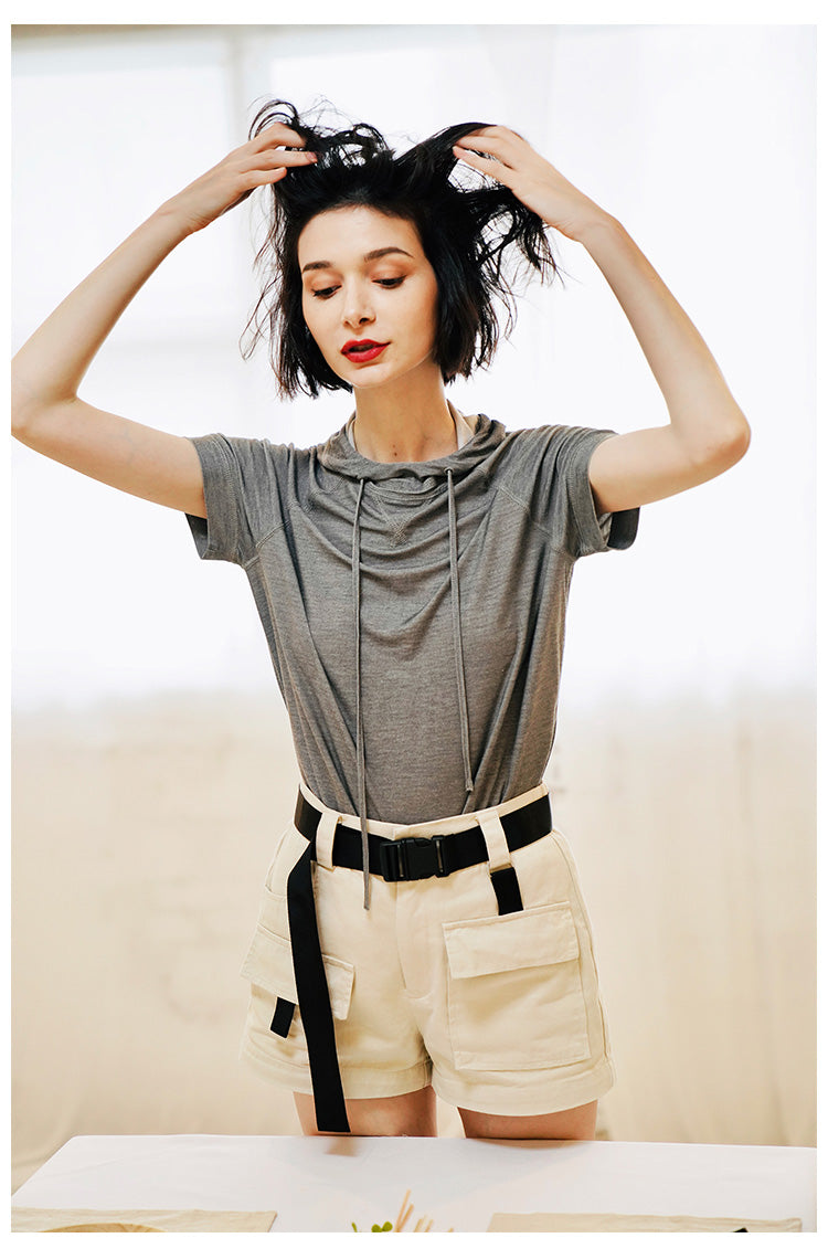 Vintage Style Short-sleeve for Women Skin-friendly trendy short-sleeve hooded shirt  Short Sleeve Women Style Trend  T-shirt