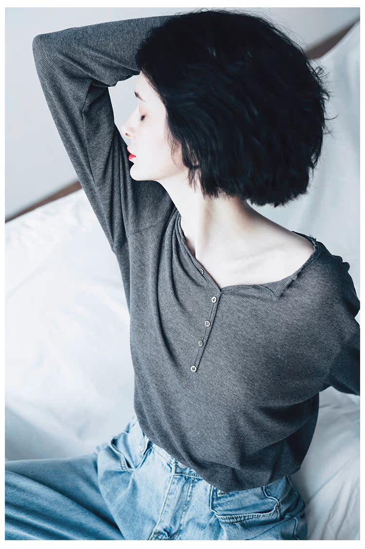 Temperament Knitted Women's Long Sleeve Summer Top Thin Black Grey Women's Loose Casual Sunscreen T-shirt