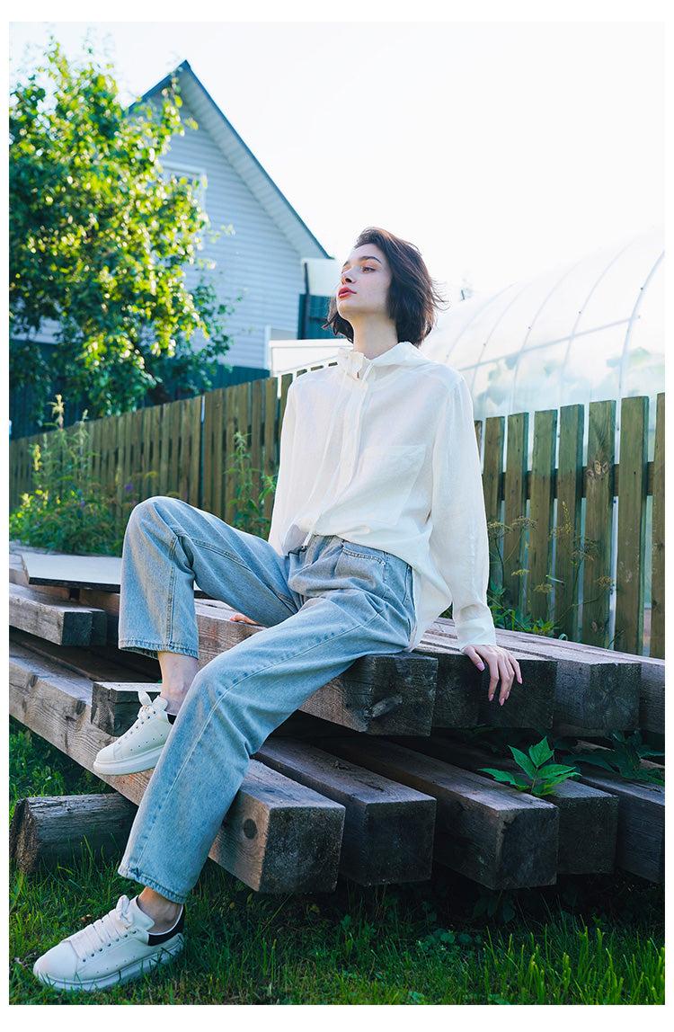 Tencel Linen Hooded Shirt for Women, Unique Design, White Loose-Fit Stylish Shirt for Women, New Autumn Long Sleeve