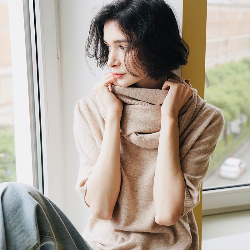 Merino Wool Autumn Women's New Loose Pullover Knitted Top Early Autumn Knitted Sweater Women's Short Sleeve with Scarf