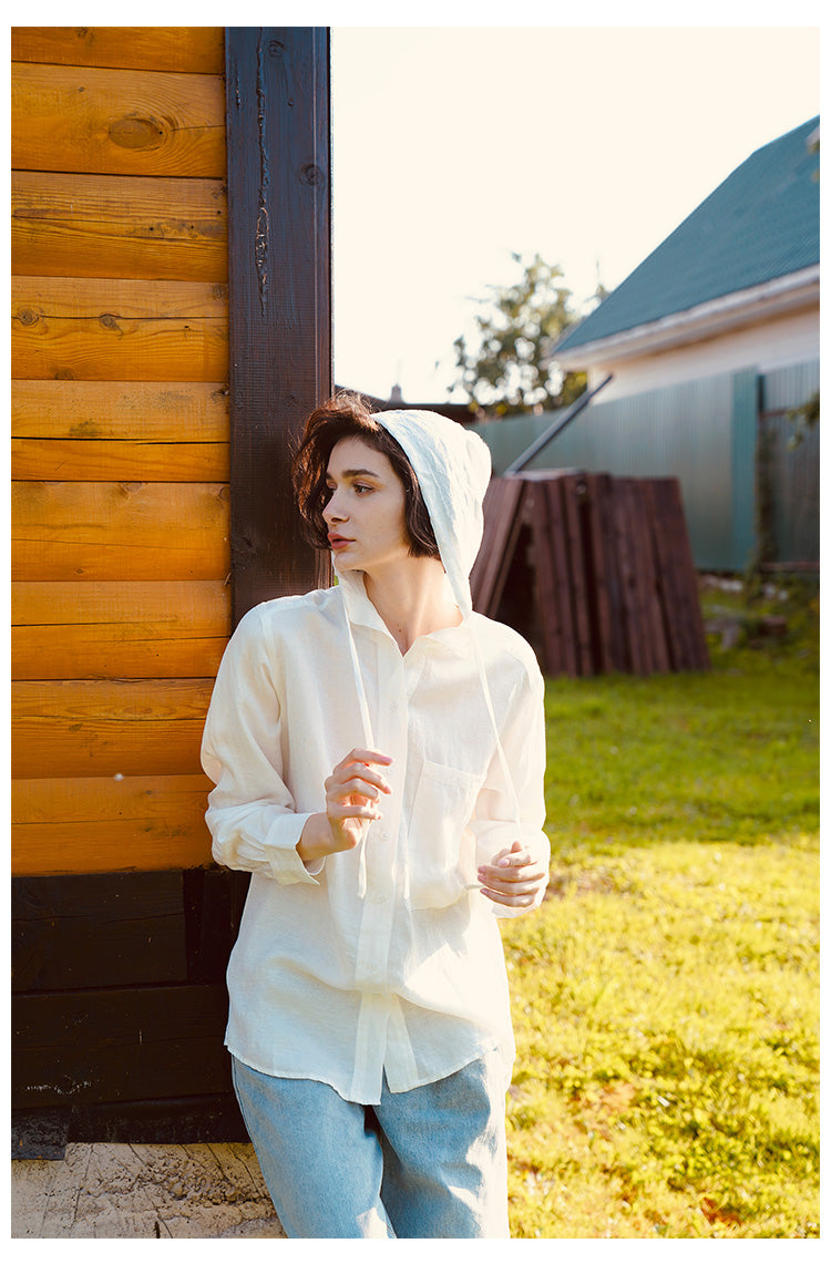 Tencel Linen Hooded Shirt for Women, Unique Design, White Loose-Fit Stylish Shirt for Women, New Autumn Long Sleeve