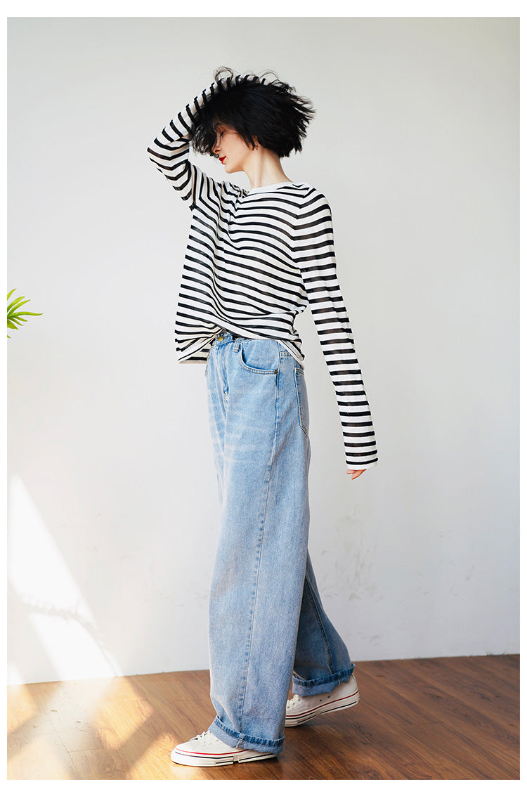 Knitted black and white striped T-shirt for women, casual, loose, fashionable, long sleeved top, trendy