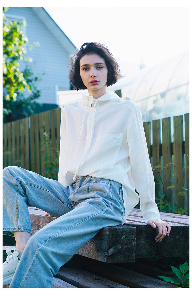 Tencel Linen Hooded Shirt for Women, Unique Design, White Loose-Fit Stylish Shirt for Women, New Autumn Long Sleeve