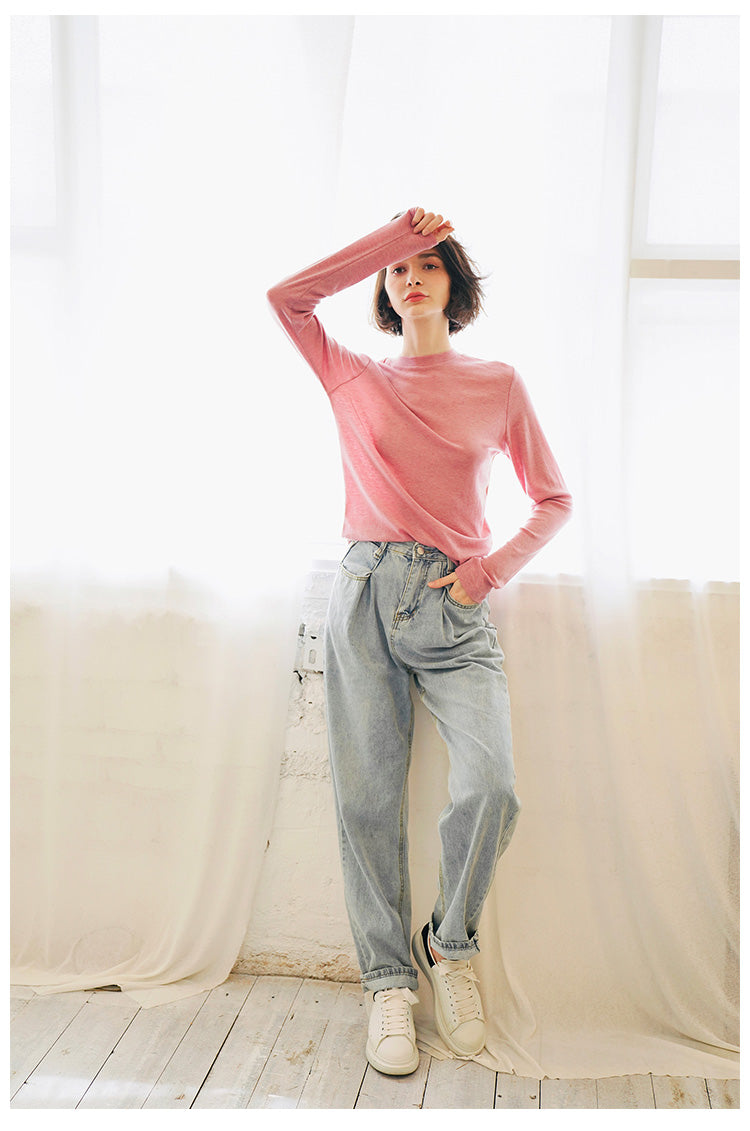 Elastic Skin-Friendly Tencel Knit t Women's New Autumn Long Sleeve Solid Color Top t Women's Base Layer Shirt