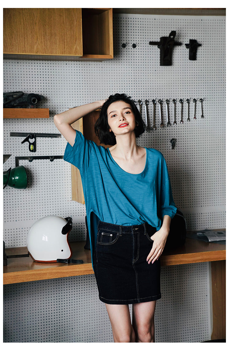 Women's Short SleeveNew style women's summer cotton Women's shirt with large slit t Loose Fit Mid-Sleeve  T-shirt