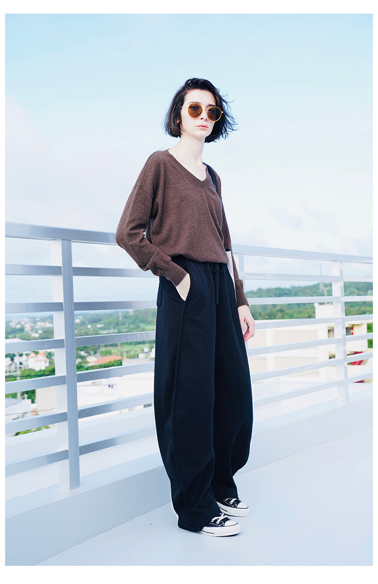 Thin loose cotton wool knitted pullover women's top V-neck undershirt women's knitted top long sleeved