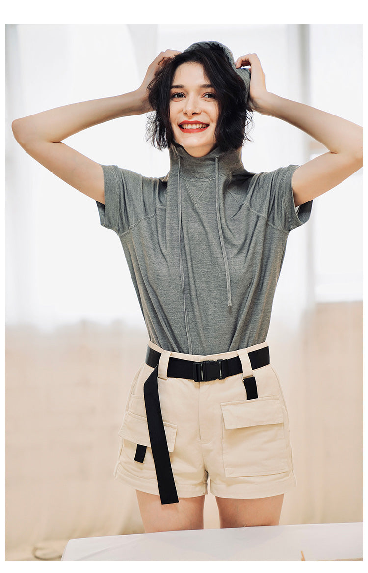 Vintage Style Short-sleeve for Women Skin-friendly trendy short-sleeve hooded shirt  Short Sleeve Women Style Trend  T-shirt